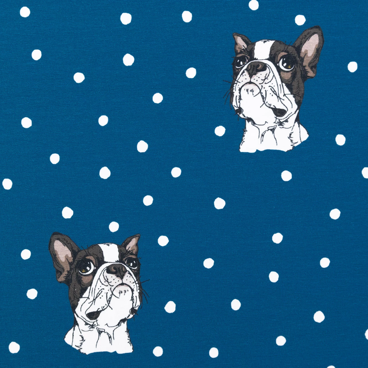 Baumwolljersey mit französischen Bulldoggen auf blauem Punktemuster